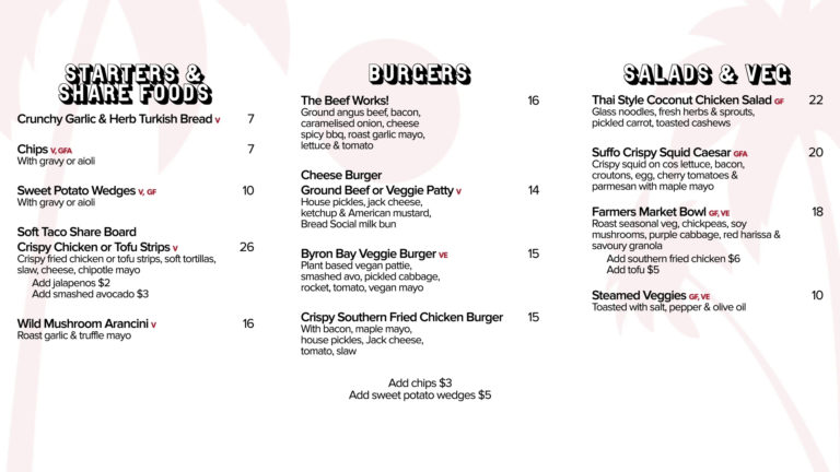 Lunch Menu with Starters, Burgers and Salads