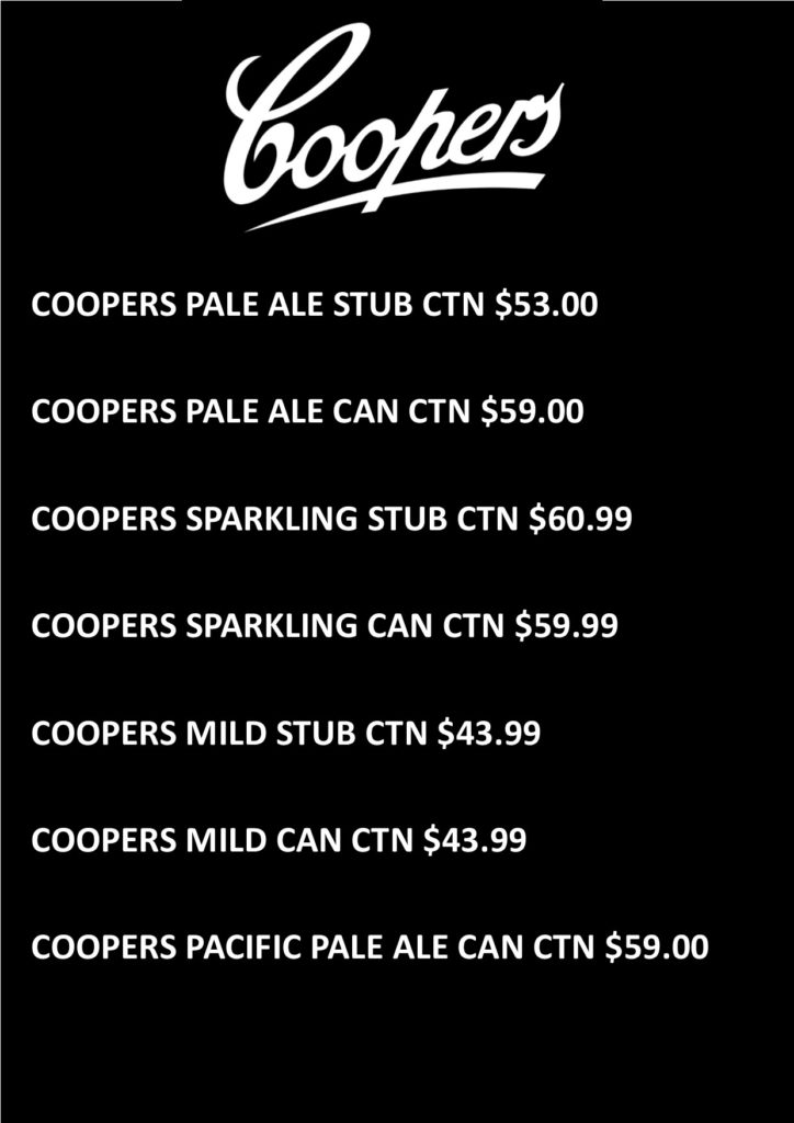 Coopers drinks menu