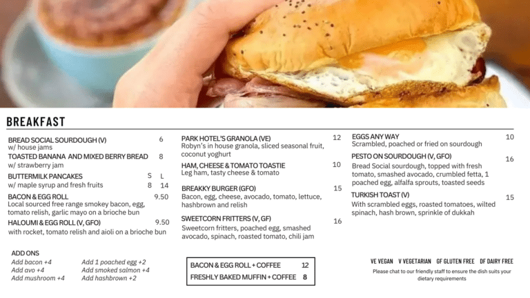 Breakfast Menu at The Park Hotel motel in Suffolk Park